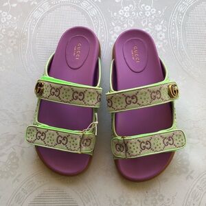 Gucci Crystal Canvas Purple/Lime GG Slides Sandals Women’s Size 39+ US-9 Shoes
